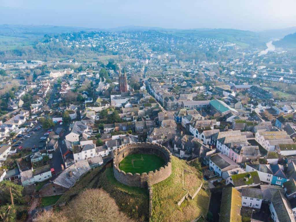 Drone view of Totnes Castle and Totnes in South Devon