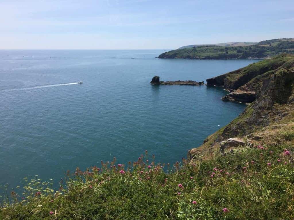 View of blue sky and sea from the cliffs of Berry Head near Brixham in Devon