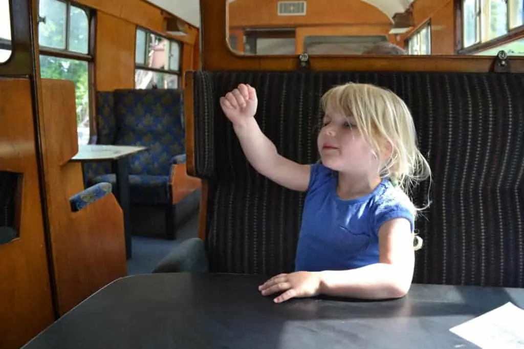 Child in vintage train carriage on South Devon Railway