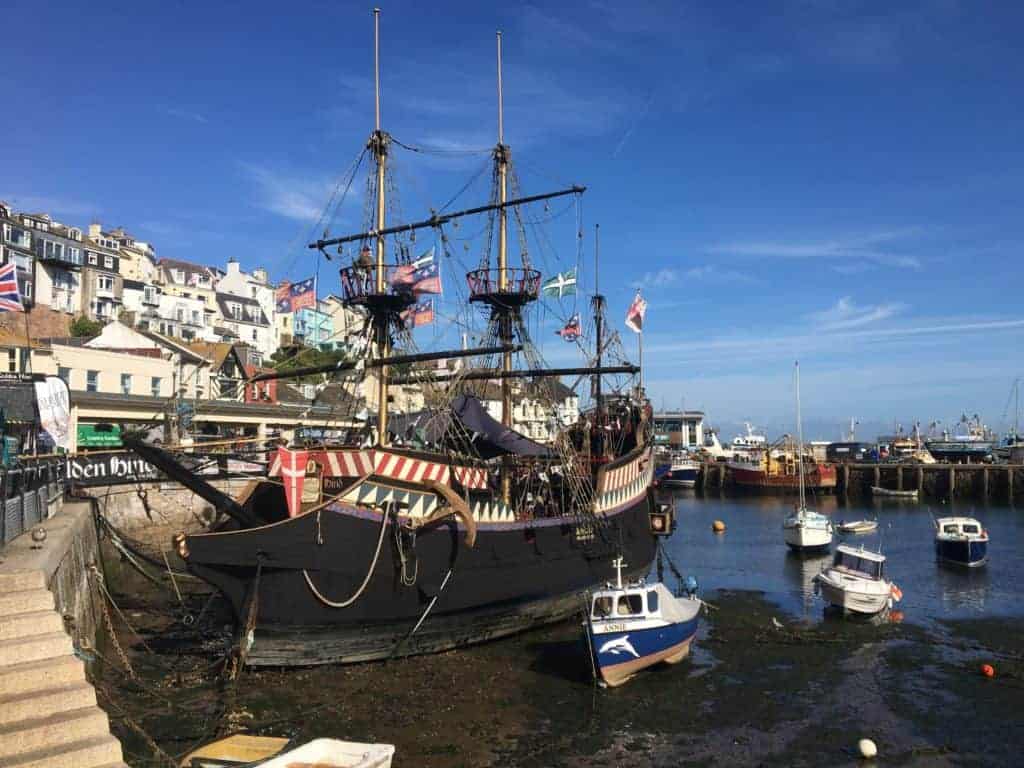 Golden Hind replica ship in a dry harbour in Brixham, Devon