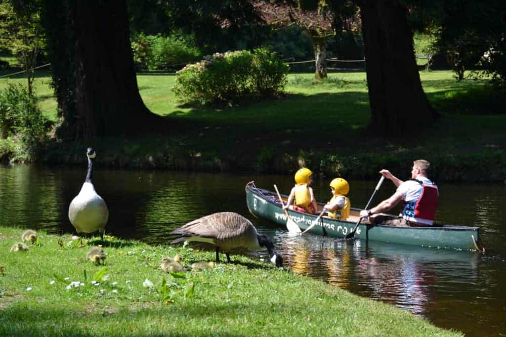Family paddling canoe on lake at River Dart County Park