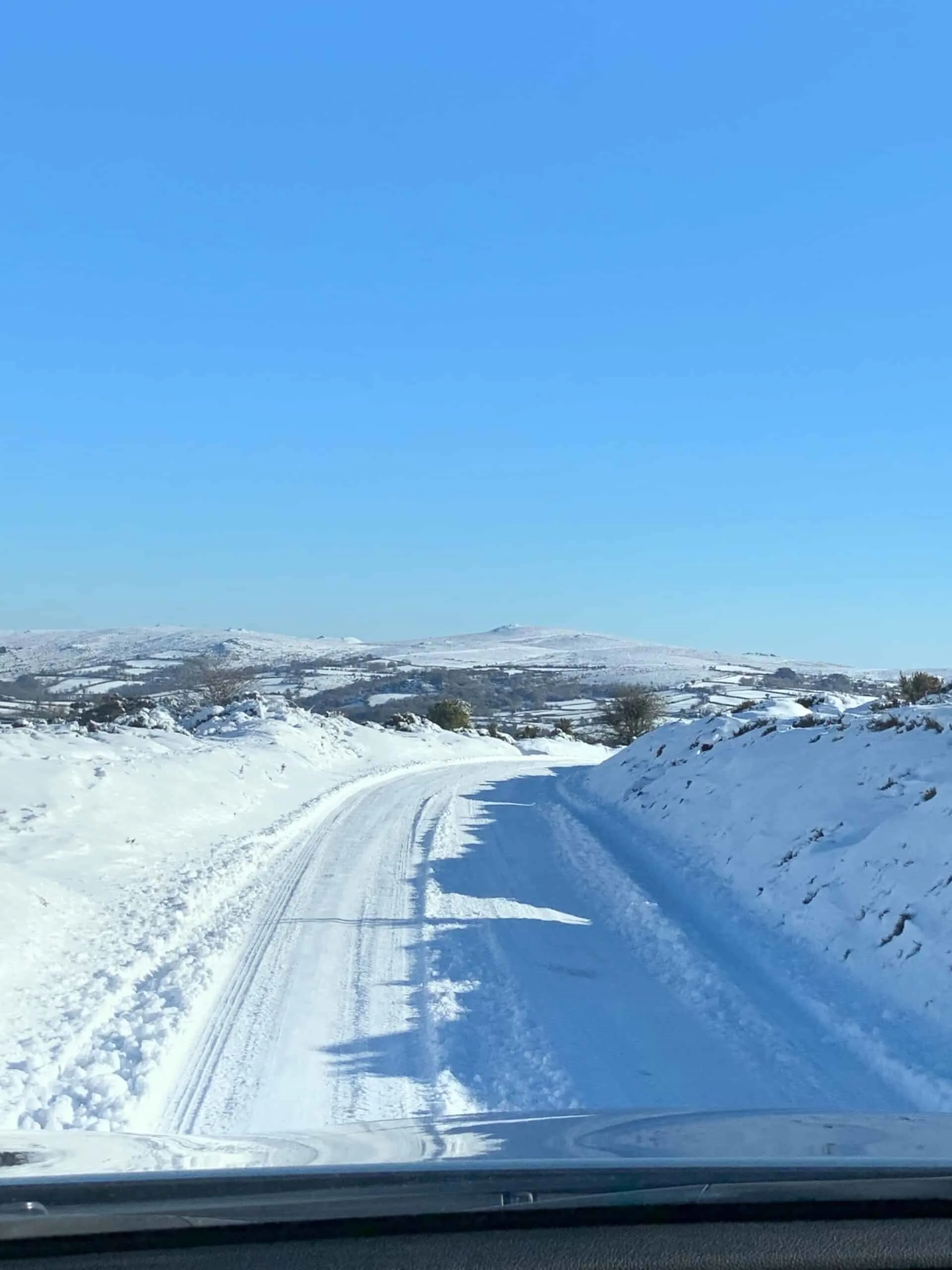 Snowy road on Dartmoor in Devon