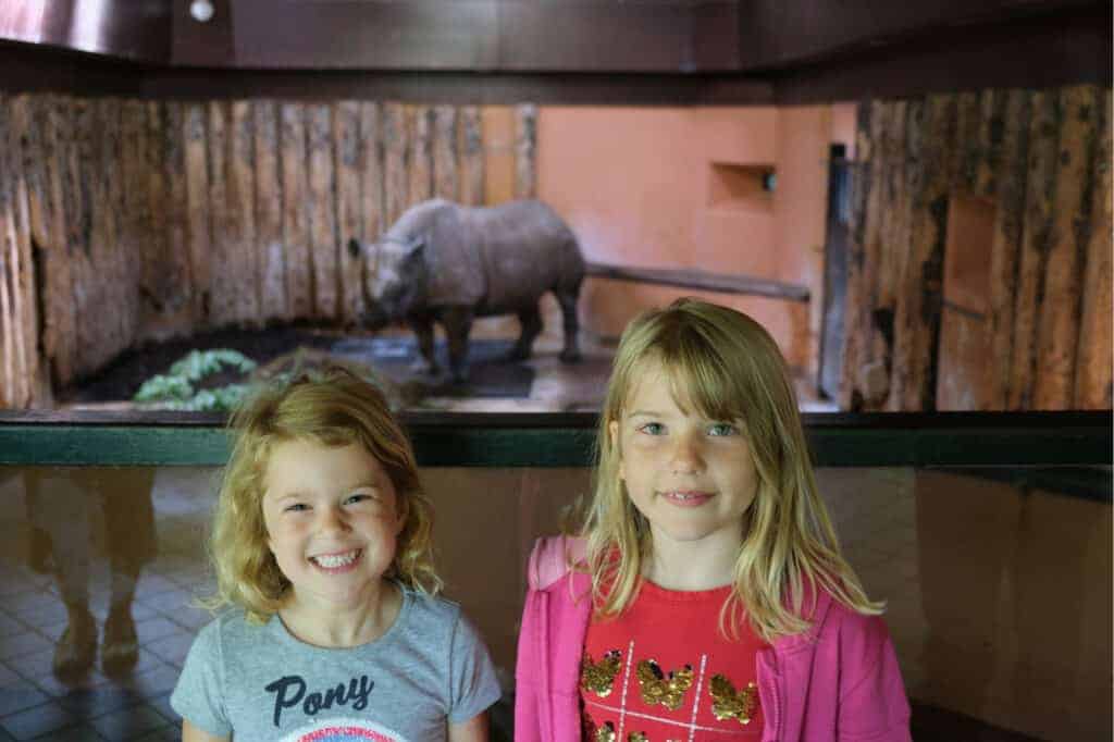 Children in front of black rhino