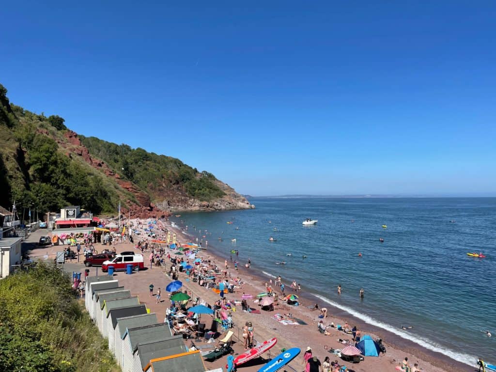 View of Oddicombe Beach busy with holiday makers