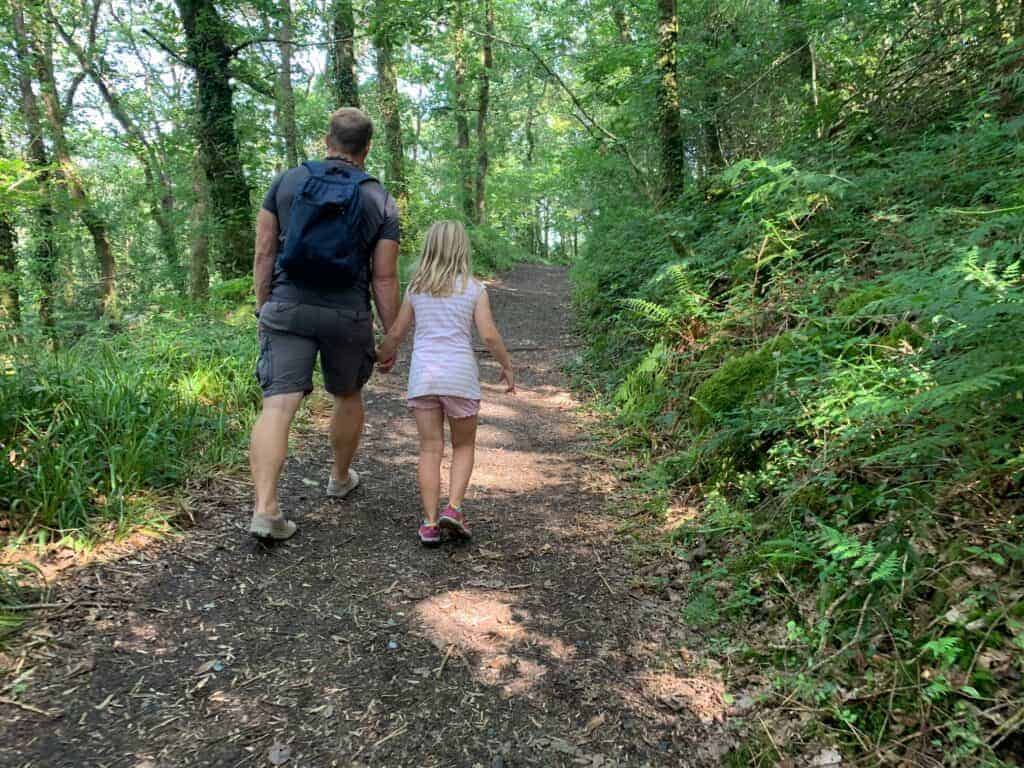 Man and child walking up woodland path at Lydford Gorge