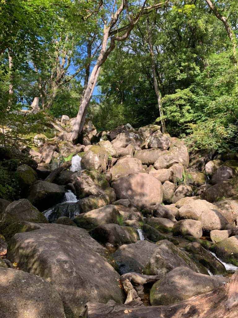 The main waterfall at Becky Falls Devon