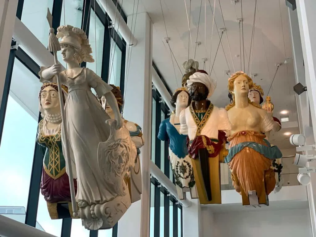 19th Century Royal Navy figureheads hanging in the entrance to The Box