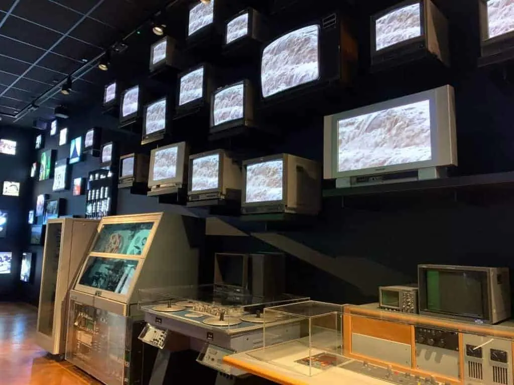 Collection of old TV's mounted on the wall in the Media Lab at the Box Plymouth