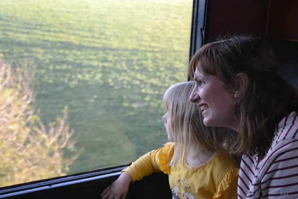Mum and child in carriage of steam train - Dartmouth Steam Railway