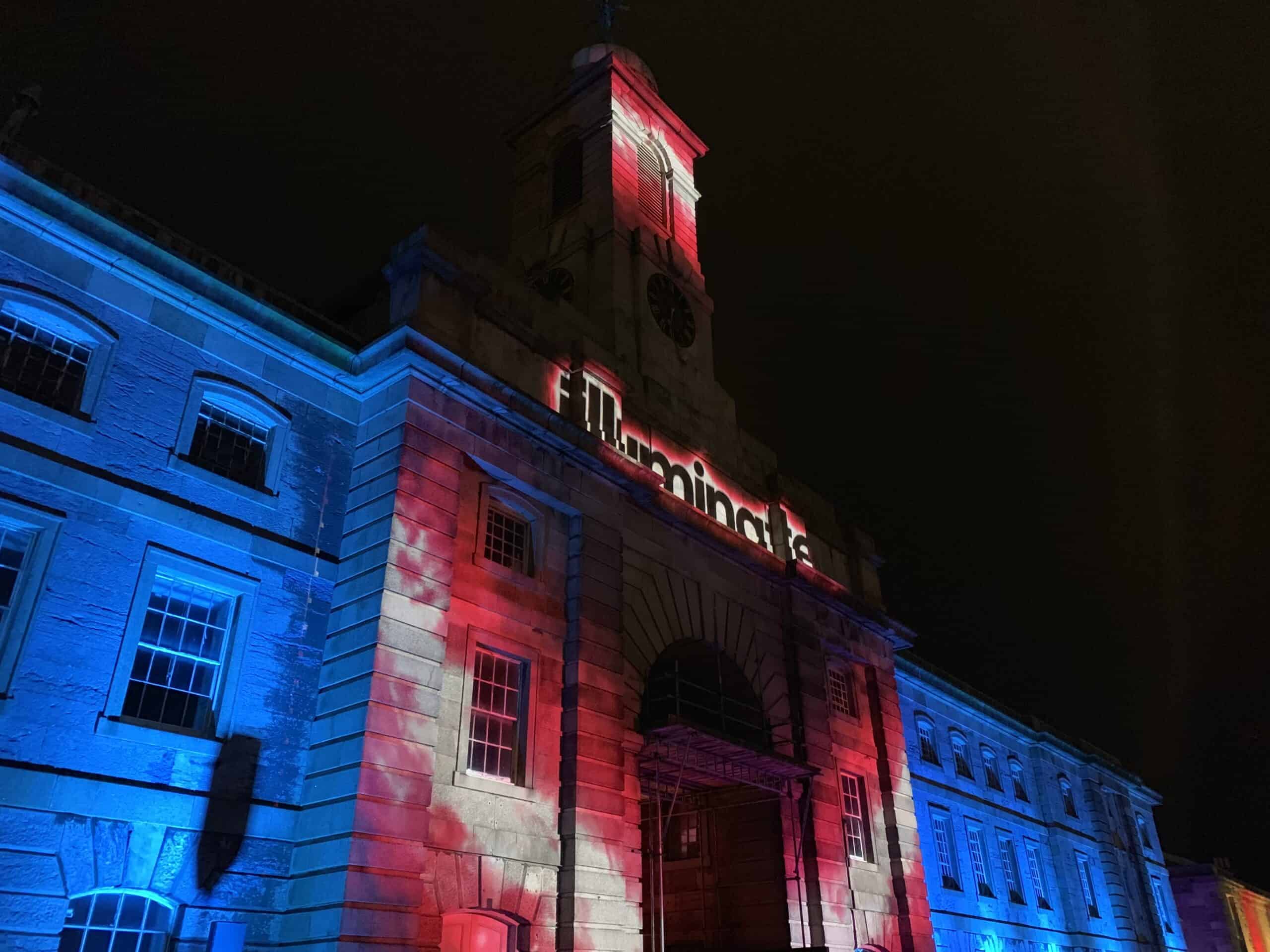 Tower at Royal William Yard lit up during the Illuminate event in Plymouth