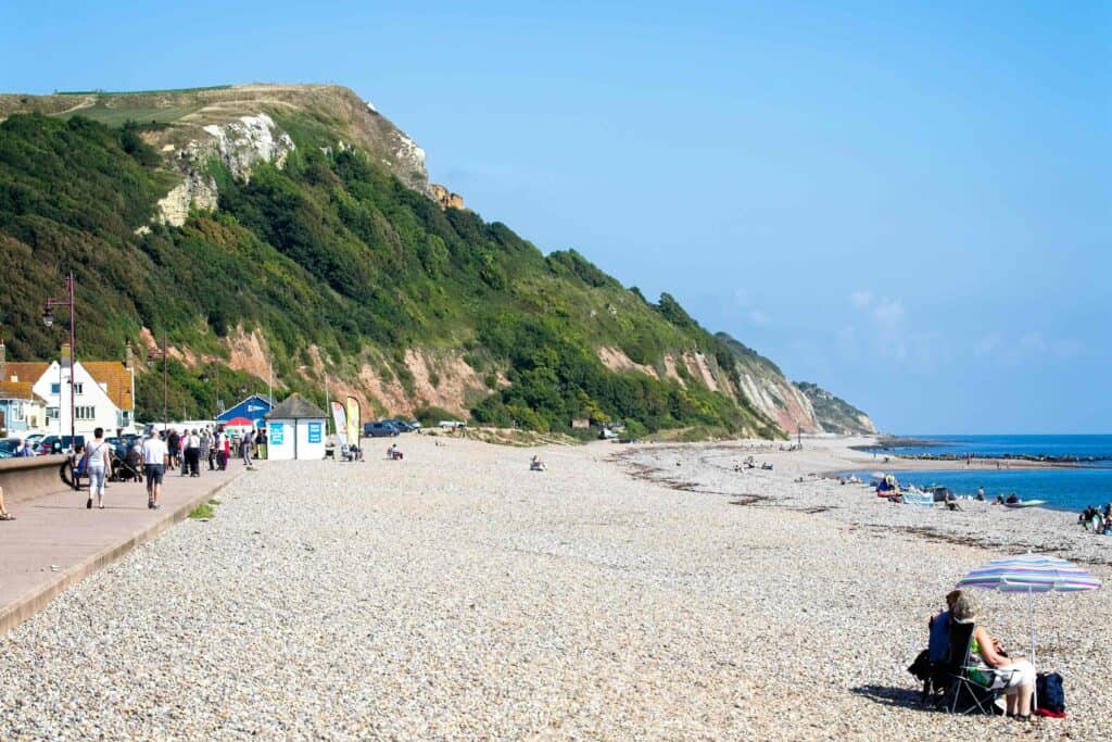 Seaton beach on a hot Summer's day showing heat haze distortion, Devon, England, UK.