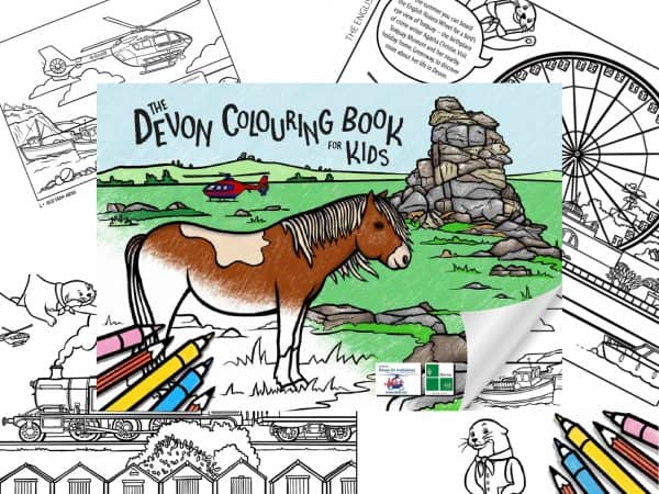 Devon with Kids colouring book cover and pages