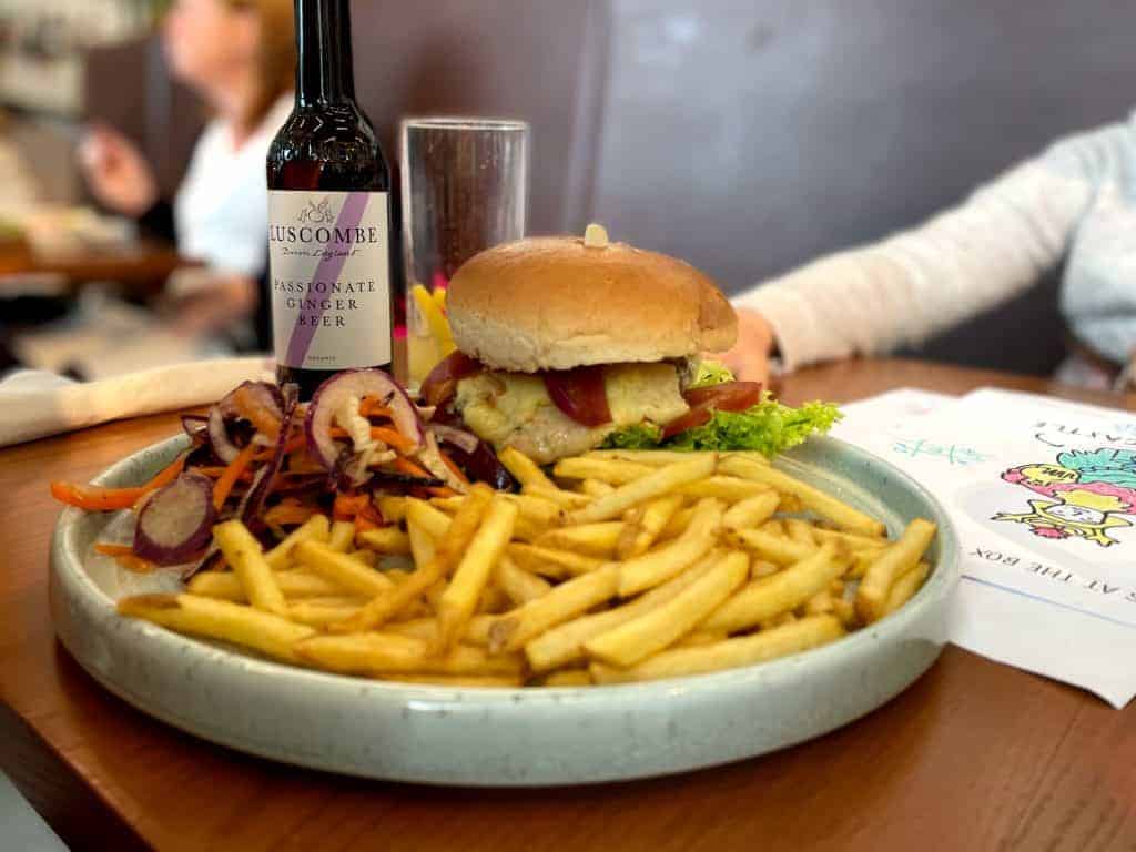 The Box Burger, chips and fresh coleslaw