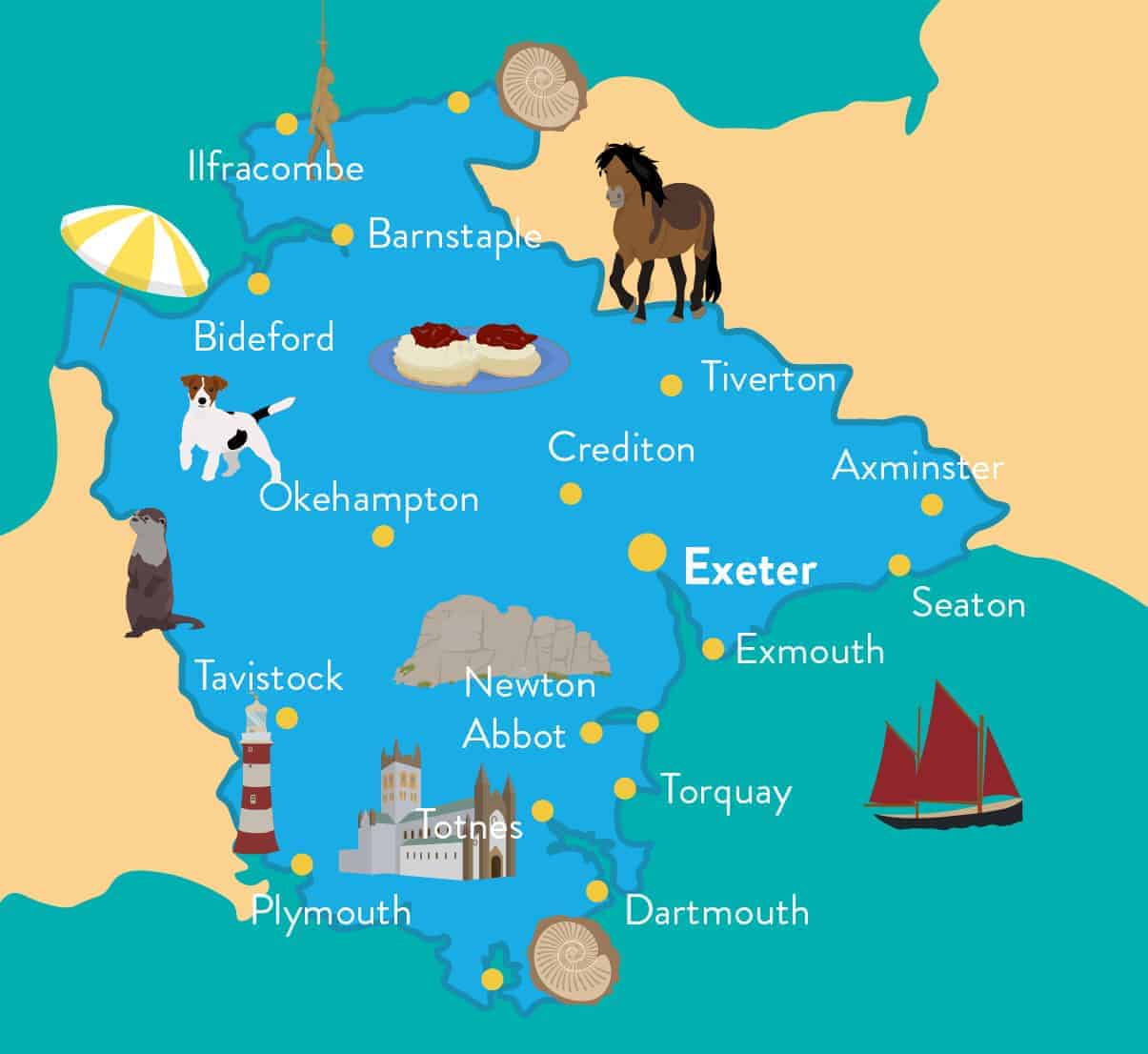 Infographic of Devon showing map and locations