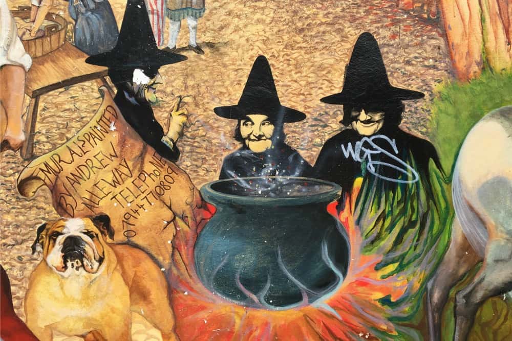 Wall mural of the last three witches to be executed in Devon