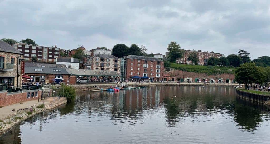 View across river to Exeter Quayside bars and shops