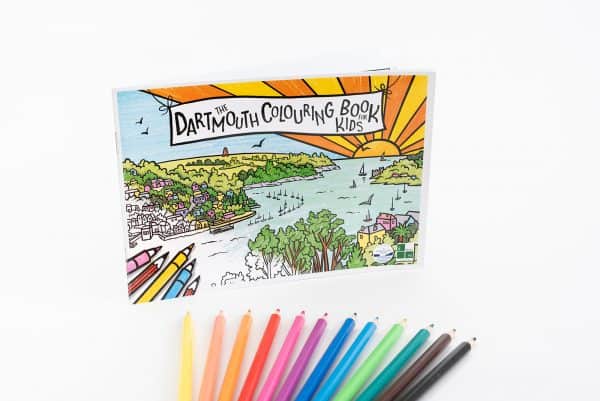 Cover of the Dartmouth Colouring Book for Kids with pencils fanned out below