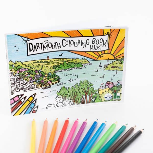 Cover of the Dartmouth Colouring Book for Kids with pencils fanned out below