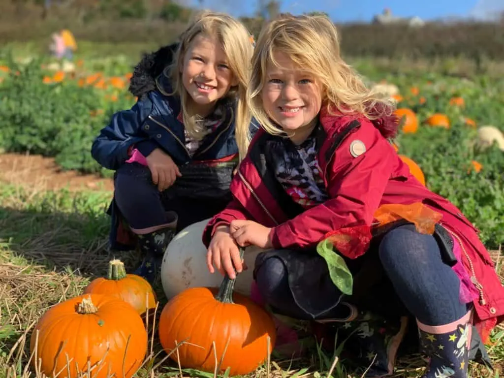 Children crouching over pumpkins in Halloween fancy dress