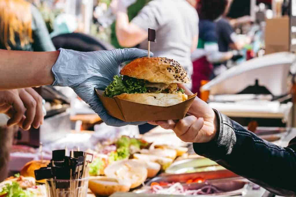 Delicious fresh burger on food market, ready to eat.