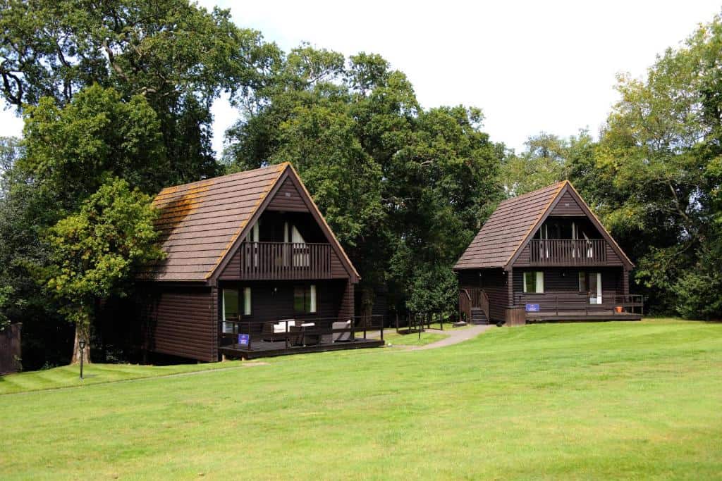 Swiss style chalets set in a woodland glade at Woodbury Park