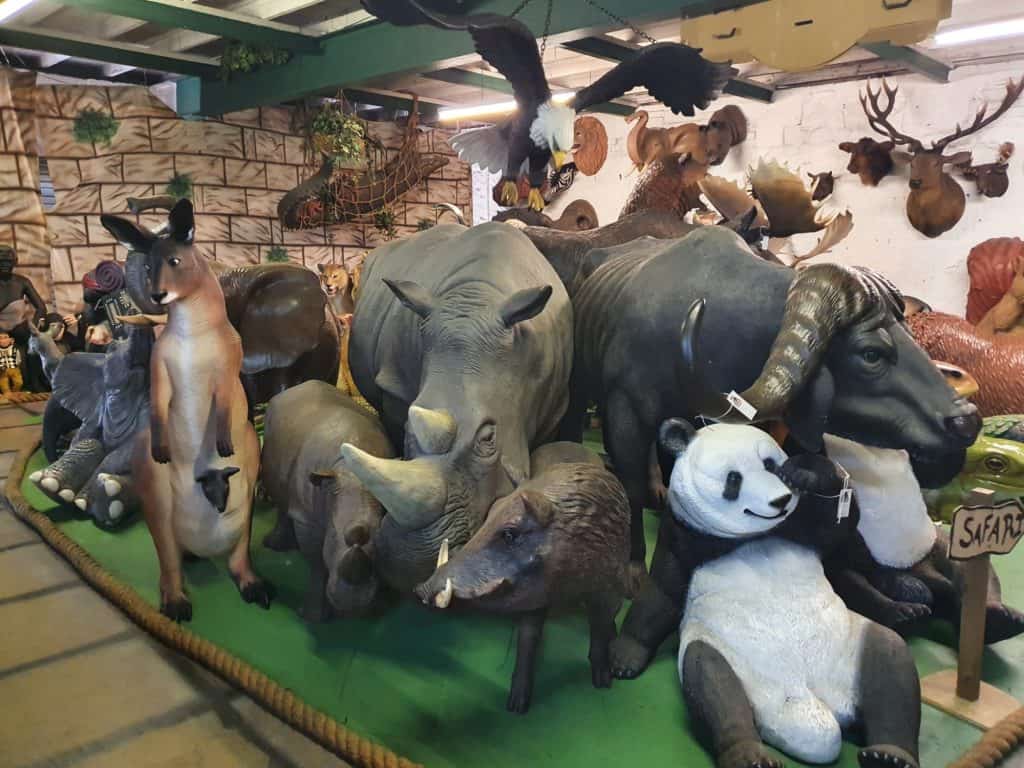 Life-sized models of animals in the Jolly Roger showroom