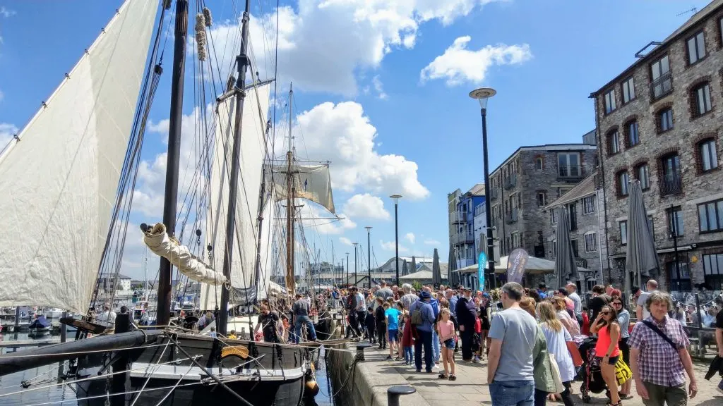 Ships and crowds during Plymouth Pirates Weekend