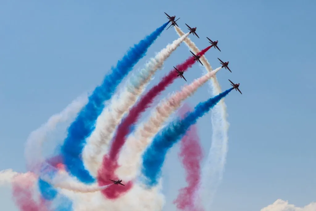 RAF air acrobatic team the Red Arrows doing an air display