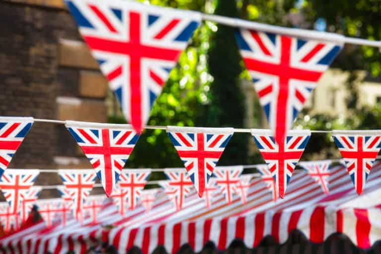 Union Jack flag triangular bunting hanging in a street, a festive decorations in UK