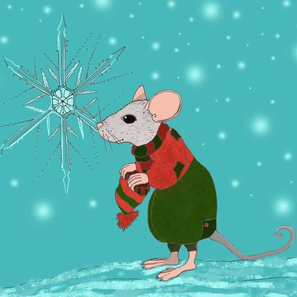 Illustration of The Christmas Mouse on a snowy backdrop
