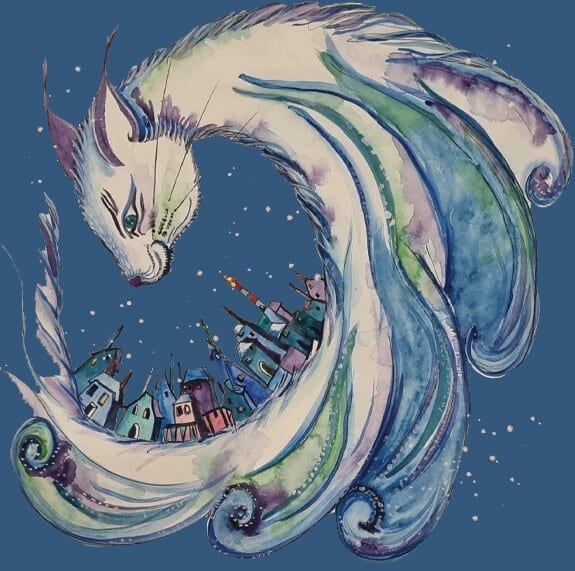 Illustration of magical snow cat overlooking a row of houses