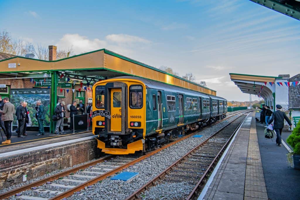 Train at Okehampton station on the GWR route, Devon 