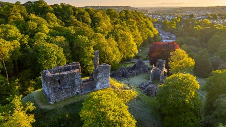 View over the ruins of Okehampton Castle and the West Devon landscape