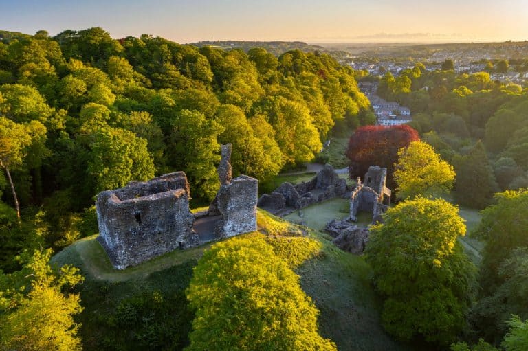 View over the ruins of Okehampton Castle and the West Devon landscape