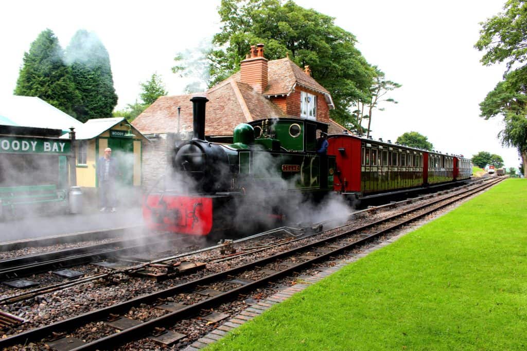 Steam train at Woody Bay station in North Devon