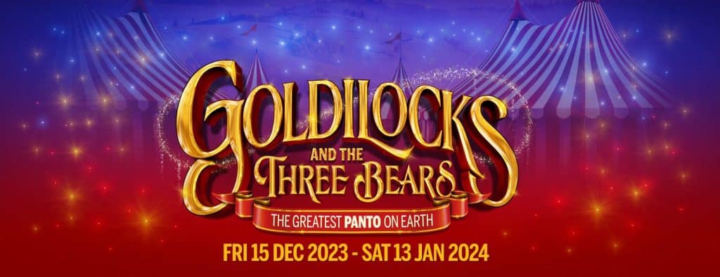 Goldilocks and the Three Bears written in gold on purple and red background