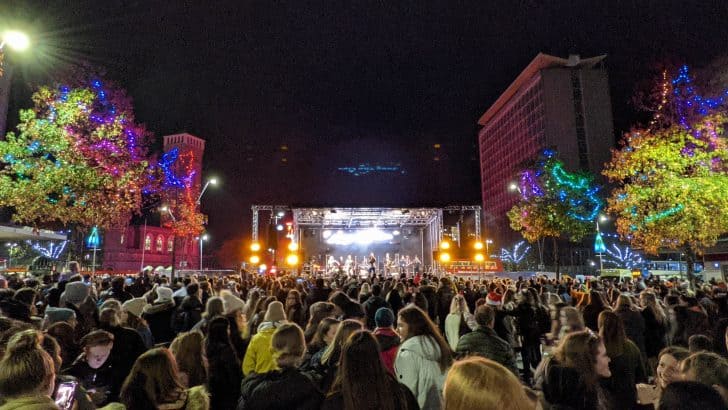 Crowds in front of stage at Christmas light switch on in Plymouth city centre