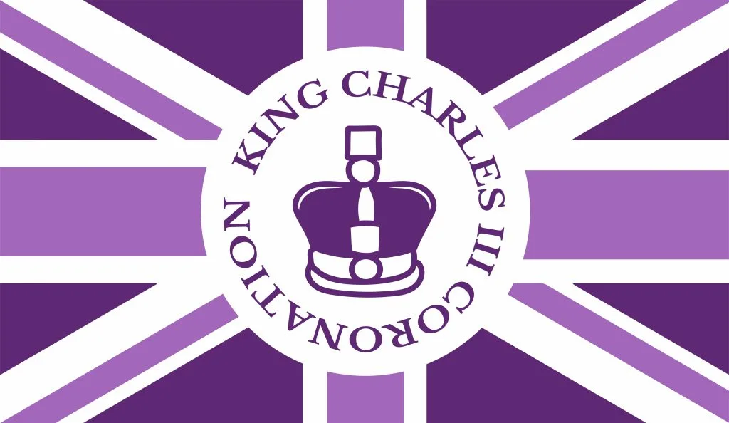 Graphic design of union flag in blue with a crown at its centre. The words King Charles III coronation encircle the crown