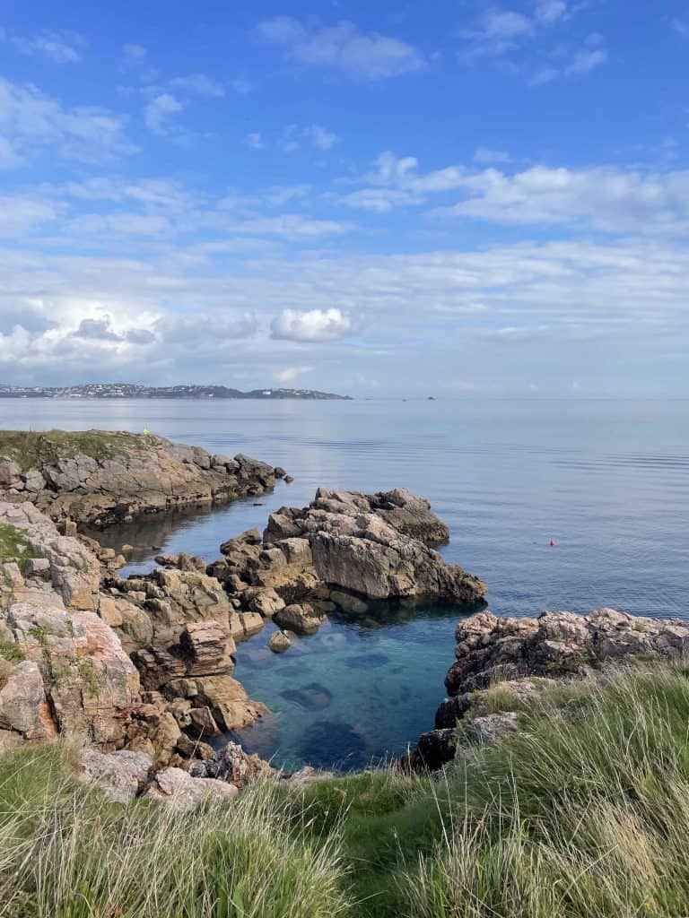 Clear blue sea on the South Devon coast meets the honeycombed rocks of the English Riviera