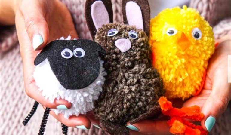Lamb, bunny and chick made with wool pom moms and stick on eyes