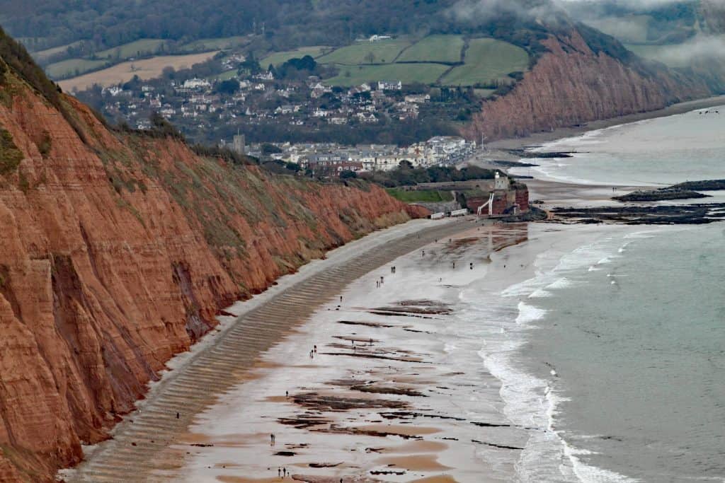 High view of the red cliffs of Peak hill near Sidmouth in Devon. Part of the South West Coastal path.