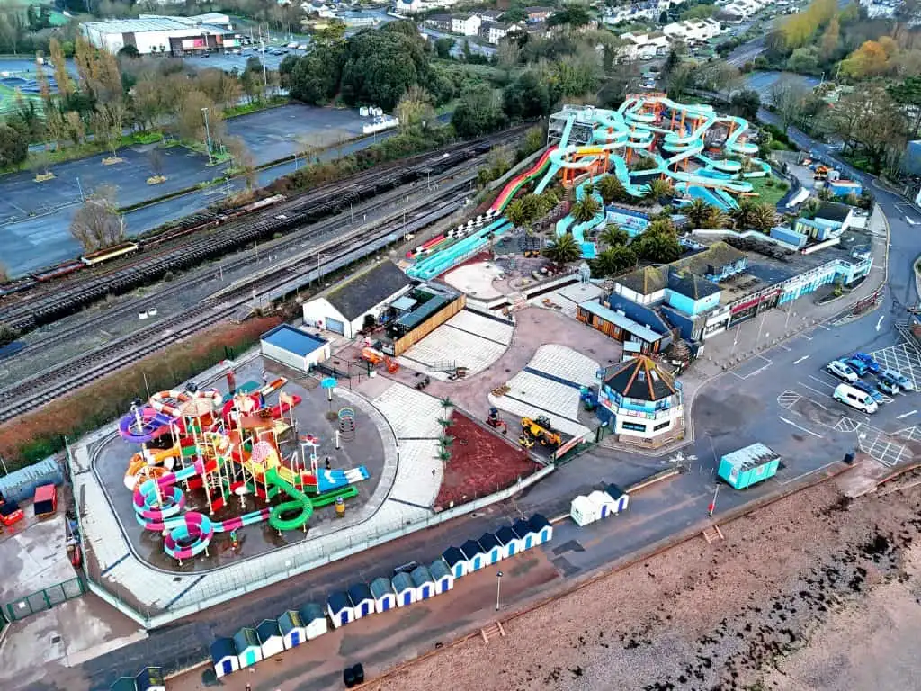 Aerial view of the Splashdown Quayest water park in Devon showing slides, pools and a the Shipwreck Island aqua park