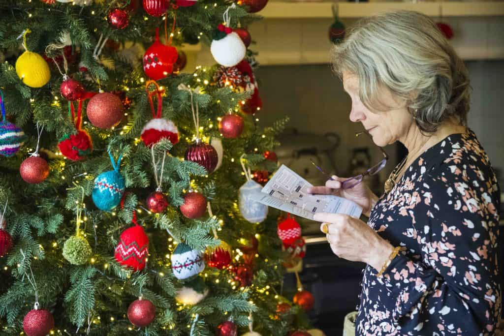 Visitor looking at map beside decorated tree at Greenway