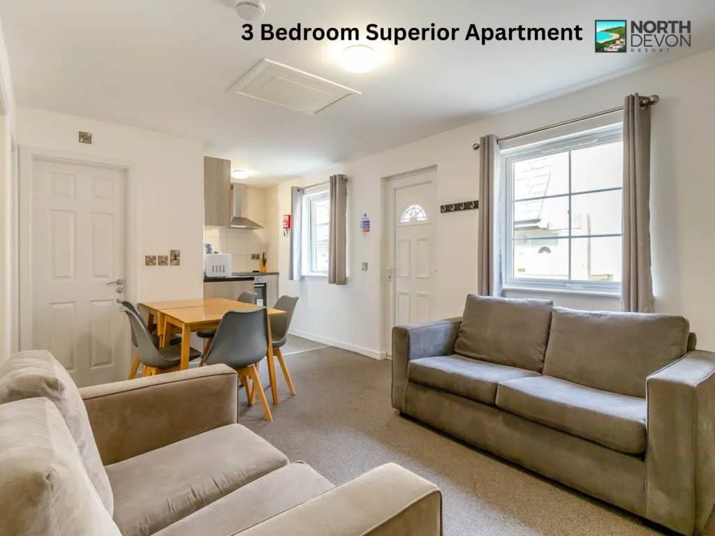 Lounge and dining area in three bedroom apartment at North Devon Resort