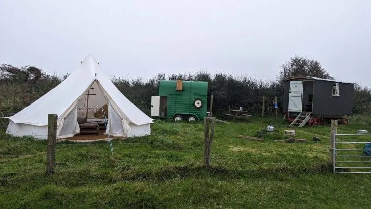 Camp Isobel with a bell tent, horse box and shepherds hut
