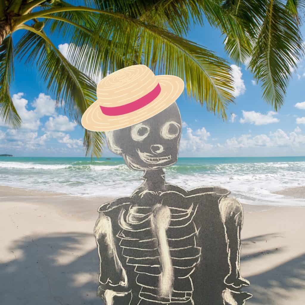 A white chalk drawing of a skeleton on a black background stood against a picture of a tropical beach