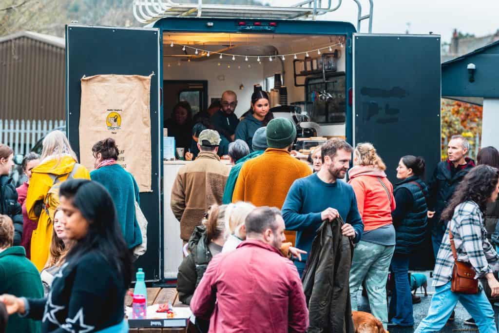 Families enjoying a food market