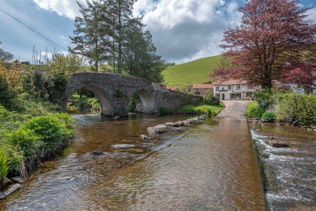 Malmsmead Bridge with ford at Lorna Doone Valley in Exmoor National Park in Devon