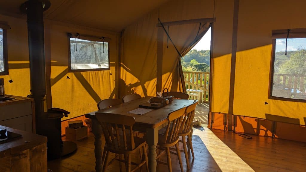 The dining area inside a Valleyside Escapes glamping tent