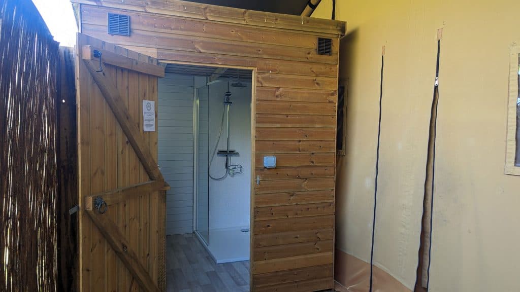 The bathroom pod in the Birch glamping tent